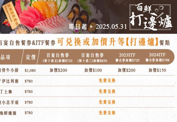 憑百宴自售餐券 & ITF餐券可兌換或加價升等BAR98【百鮮打邊爐】餐點！